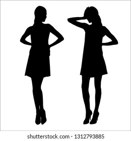Vector black silhouettes of beautiful stylish women with long legs isolated on white background