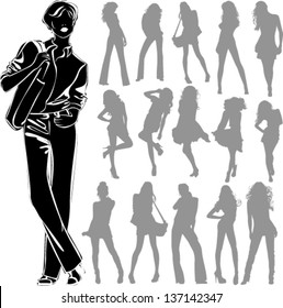 Vector black silhouettes of beautiful woman isolated on white background