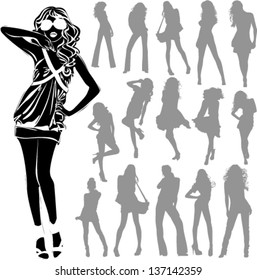 Vector black silhouettes of beautiful woman isolated on white background
