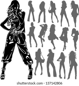Vector black silhouettes of beautiful woman isolated on white background