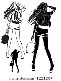 A lot of vector black silhouettes of beautiful womans on white background
