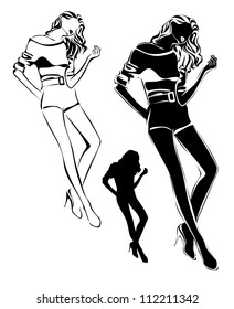 A lot of vector black silhouettes of beautiful womans on white background