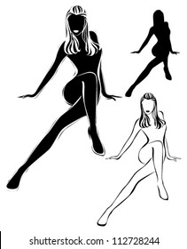 A lot of vector black silhouettes of beautiful womans on white background