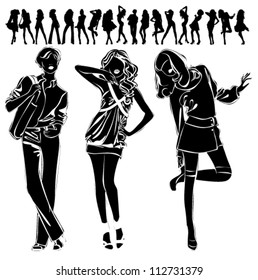 A lot of vector black silhouettes of beautiful womans on white background