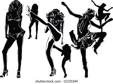 A lot of vector black silhouettes of beautiful womans on white background