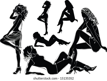 A lot of vector black silhouettes of beautiful womans on white background