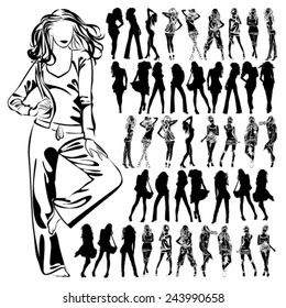 A lot of vector black silhouettes of beautiful womans on white background