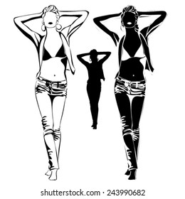 Vector black silhouettes of beautiful womans on white background