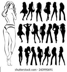 A lot of vector black silhouettes of beautiful womans on white background