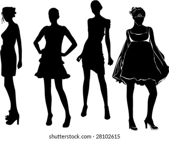 A lot of vector black silhouettes of beautiful womans on white background