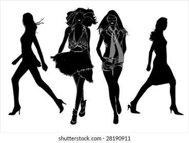 A lot of vector black silhouettes of beautiful womans on white background