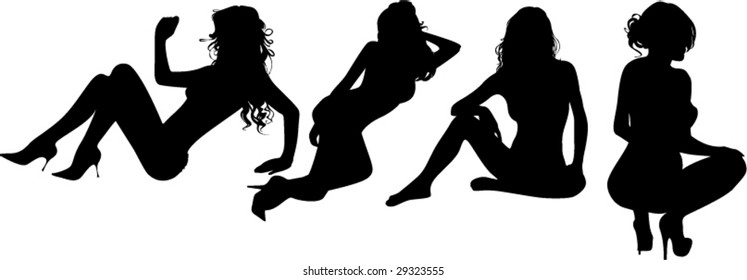 A lot of vector black silhouettes of beautiful womans on white background