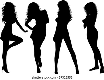A lot of vector black silhouettes of beautiful womans on white background