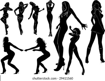 A lot of vector black silhouettes of beautiful womans on white background