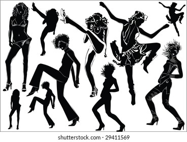 A lot of vector black silhouettes of beautiful womans on white background