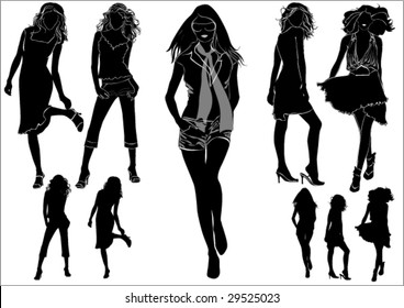 A lot of vector black silhouettes of beautiful womans on white background