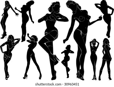 A lot of vector black silhouettes of beautiful womans on white background