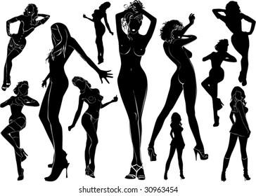 A lot of vector black silhouettes of beautiful womans on white background