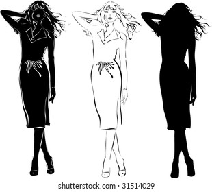 Vector black silhouettes of beautiful womans on white background