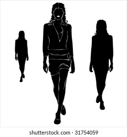 Vector black silhouettes of beautiful womans on white background