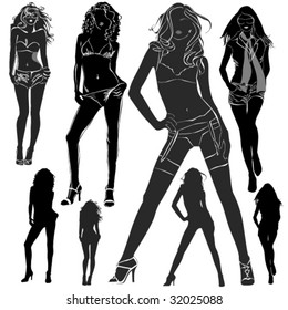 A lot of vector black silhouettes of beautiful womans on white background