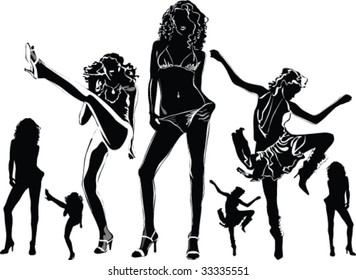 A lot of vector black silhouettes of beautiful womans on white background
