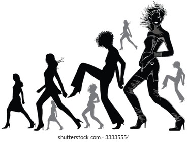 A lot of vector black silhouettes of beautiful womans on white background