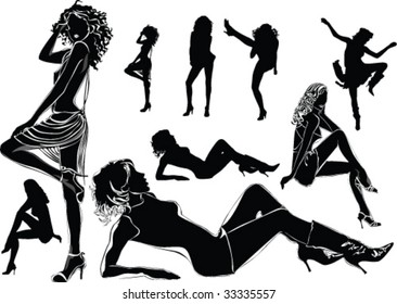 A lot of vector black silhouettes of beautiful womans on white background