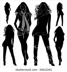 A lot of vector black silhouettes of beautiful womans on white background
