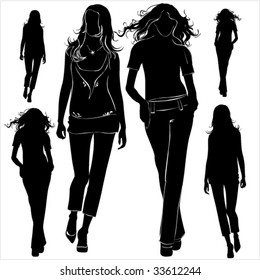 A lot of vector black silhouettes of beautiful womans on white background