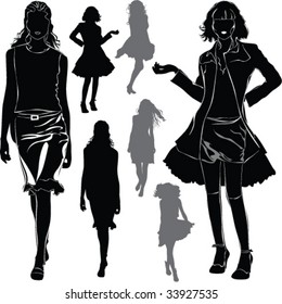 A lot of vector black silhouettes of beautiful womans on white background