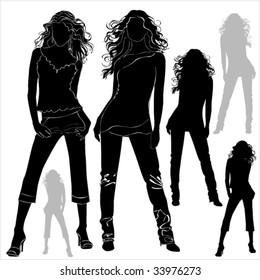 A lot of vector black silhouettes of beautiful womans on white background