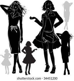 A lot of vector black silhouettes of beautiful womans on white background