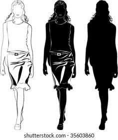 A lot of vector black silhouettes of beautiful womans isolated on white background