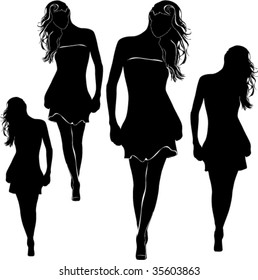 A lot of vector black silhouettes of beautiful womans isolated on white background