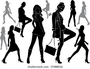 A lot of vector black silhouettes of beautiful womans on white background