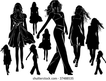 A lot of vector black silhouettes of beautiful womans on white background