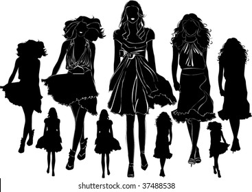A lot of vector black silhouettes of beautiful womans on white background