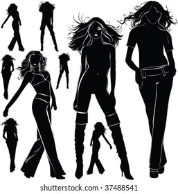 A lot of vector black silhouettes of beautiful womans on white background