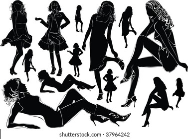 A lot of vector black silhouettes of beautiful womans on white background
