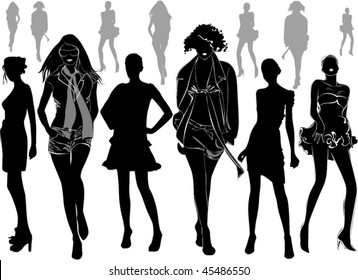 A lot of vector black silhouettes of beautiful womans on white background