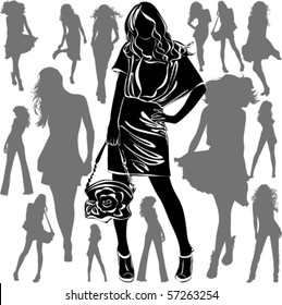 A lot of vector black silhouettes of beautiful womans on white background
