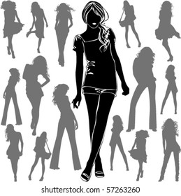 A lot of vector black silhouettes of beautiful womans on white background