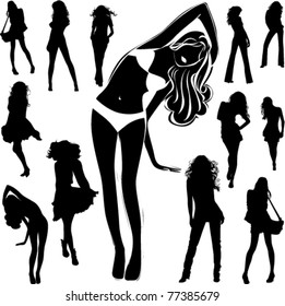 A lot of vector black silhouettes of beautiful womans on white background