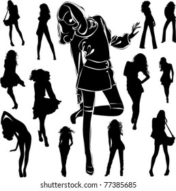 A lot of vector black silhouettes of beautiful womans on white background