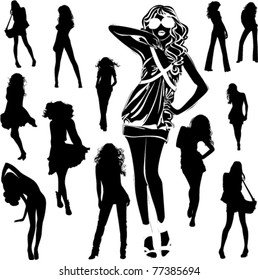 A lot of vector black silhouettes of beautiful womans on white background