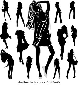 A lot of vector black silhouettes of beautiful womans on white background