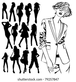 A lot of vector black silhouettes of beautiful womans on white background
