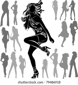 A lot of vector black silhouettes of beautiful womans on white background