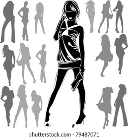 A lot of vector black silhouettes of beautiful womans on white background